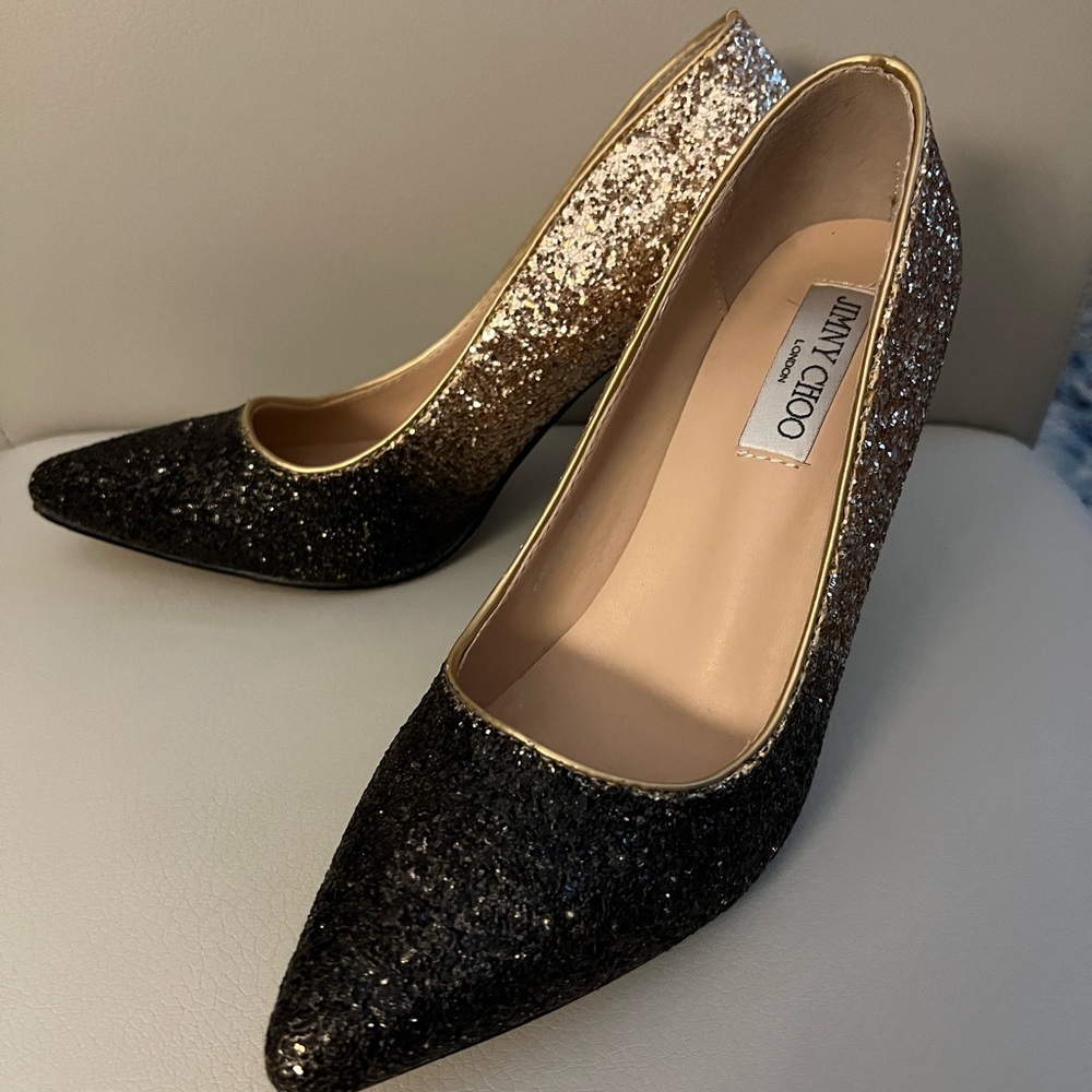 Jimmy Choo Black and Gold Glitter Heels